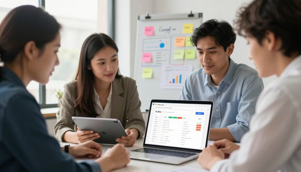 A professional office setting with a diverse group of three business people, two women and one man, collaborating over a laptop and digital tablet. They are dressed in smart casual attire, focused on setting up a Google Ads campaign interface on the laptop. In the foreground, the laptop screen displays colorful campaign analytics and keyword tools. The middle ground includes a vibrant whiteboard filled with marketing strategies, sticky notes, and charts. In the background, large windows let in warm natural light, creating a bright and uplifting atmosphere. Use a wide-angle lens to capture the teamwork dynamic, with a soft bokeh effect on the background. The overall mood is energetic, innovative, and collaborational, embodying the spirit of effective advertising strategies. The brand "North Layer" is subtly referenced in the design of the laptop screen graphics.