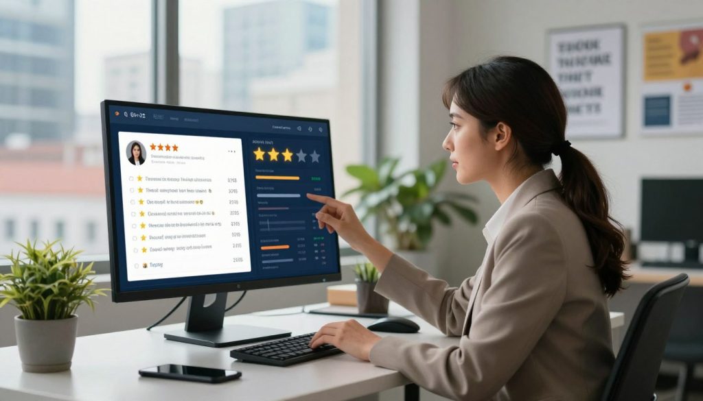 A professional office space showcasing a modern digital dashboard displaying customer reviews and ratings prominently, with a confident businesswoman in smart casual attire analyzing the data. She is seated at a sleek desk, surrounded by potted plants and motivational posters about customer satisfaction. In the background, a large window reveals a vibrant cityscape, hinting at a thriving business environment. Soft, natural lighting filters through the window, creating a warm and inviting atmosphere. The angle highlights the dashboard, with focus on the glowing stars and positive review comments. The overall mood conveys empowerment and strategic thinking in reputation management.
