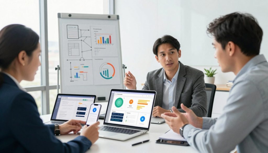 A professional workspace illustrating digital marketing strategies for small business growth, prominently featuring a sleek laptop displaying colorful analytics and charts. In the foreground, a diverse group of three professionals—two men and one woman—wearing business attire and engaged in a discussion, highlight collaboration and creativity. In the middle ground, a whiteboard filled with diagrams and strategies, while digital devices, such as tablets and phones, showcase various marketing platforms. The background is a modern office environment with bright, natural lighting flowing in from large windows, creating an optimistic atmosphere. Include the brand name "North Layer" subtly on one of the devices to signify expertise in digital marketing growth. The overall mood is energetic and focused, emphasizing innovative approaches to boost business revenue.