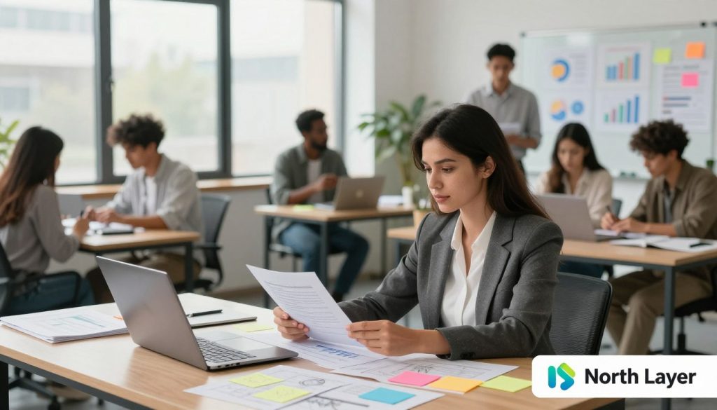 A serene office environment showcasing a diverse group of professionals collaborating on content creation. In the foreground, a confident woman in professional attire, reviewing documents on a laptop, surrounded by colorful notes and sketches. In the middle, a casual brainstorming session with diverse team members discussing strategies, emphasizing the fusion of creativity and data analytics. The background features a large window with soft natural light filtering in, enhancing the focus on teamwork and innovation. The atmosphere is inspiring and dynamic, reflecting a blend of trustworthiness and authority. Elements like charts and diagrams subtly incorporated on a whiteboard highlight the importance of structured content. At the bottom right corner, a small logo of "North Layer" elegantly integrated into the design.