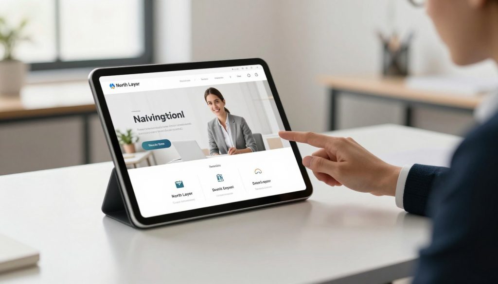 A sleek, modern computer or tablet sits on a bright, minimalist office desk in the foreground, displaying an intuitive website design interface with clear navigation elements. In the middle ground, a professional-looking person in business attire attentively interacts with the device, showcasing their interest in user-friendly design principles. The background reveals a clean, open workspace with soft natural lighting coming from large windows, creating a warm and inviting atmosphere. The overall mood conveys efficiency and clarity, emphasizing the importance of accessible website navigation for small businesses. Subtle branding for "North Layer" is integrated into the design of the website interface, ensuring it complements the scene without being intrusive.