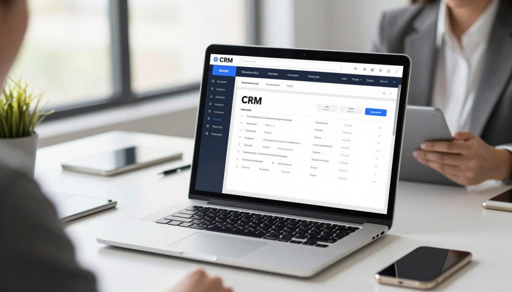 A sleek, modern dashboard of the best CRM software for small business shown on a laptop screen in a bright, organized office setting.