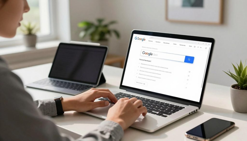 A sleek, modern workspace featuring a person in professional business attire, sitting at a stylish desk with a high-resolution laptop screen displaying the Google Search homepage. The foreground captures the individual thoughtfully engaging with the search bar, hands poised to type, while a warm, natural light floods in from a nearby window, illuminating the scene. In the middle ground, various digital devices such as a tablet and smartphone are neatly arranged, showcasing tools for optimizing search experience. The background features serene decor with houseplants and a minimalist art piece, creating an atmosphere of focus and productivity. The image exudes a sense of curiosity and innovation, reflecting the search optimization strategies of 2026. Include elements representing the brand "North Layer" subtly integrated into the workspace.