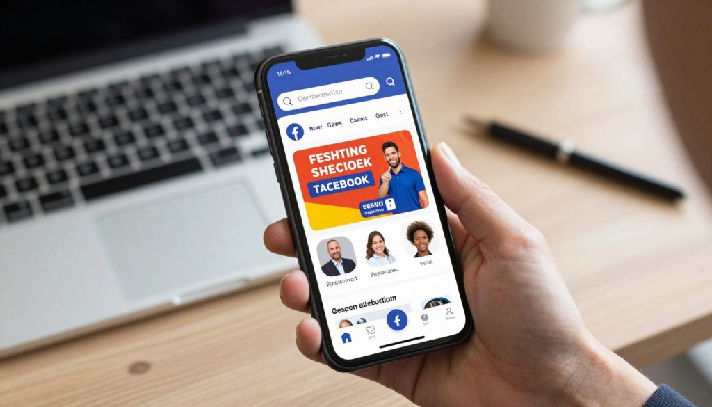 A smartphone held in a hand showing a vibrant Facebook mobile feed with a sponsored post for a local service, high quality, realistic lifestyle setting.