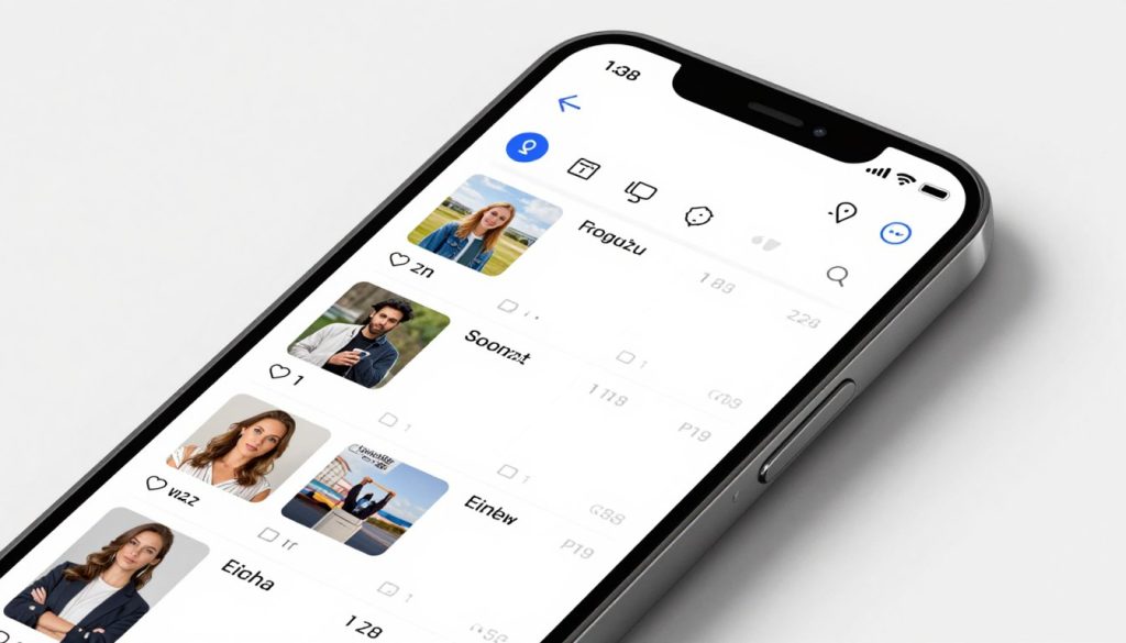 A smartphone screen displaying a social media content calendar with various scheduled posts and engagement icons.