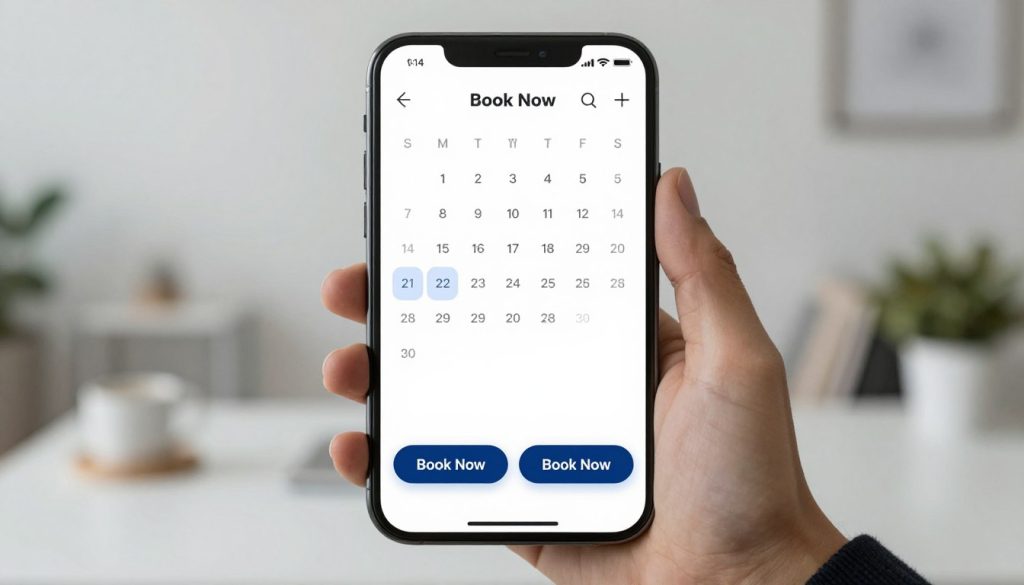 A smartphone screen displaying an automated appointment scheduling software interface with a calendar and "Book Now" buttons, modern and clean interface, soft office background.