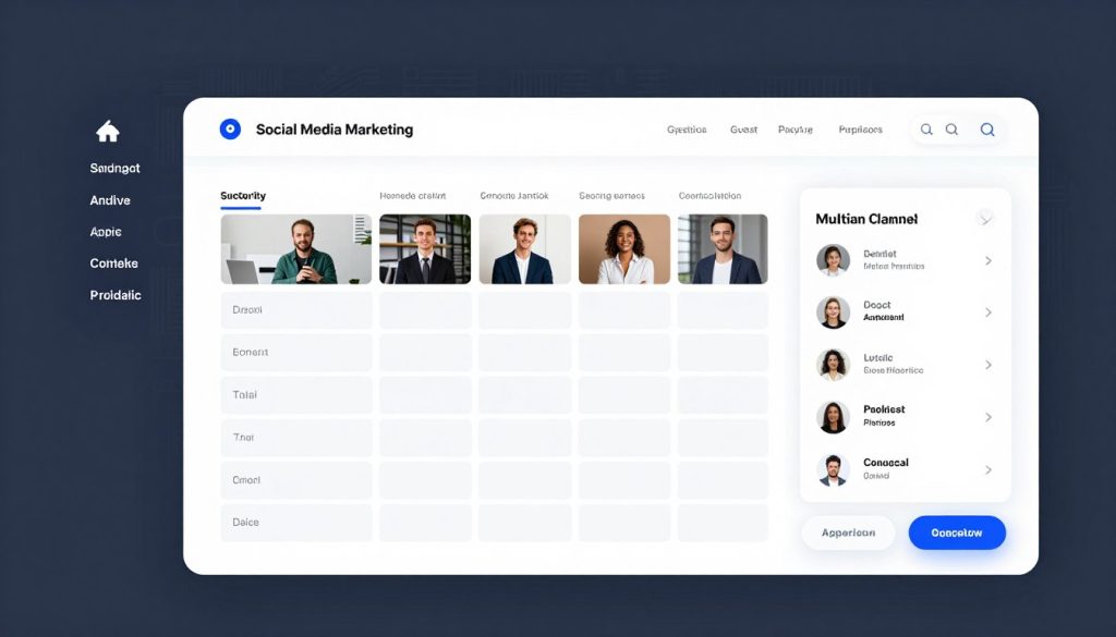 A social media marketing platform interface displaying a multi-channel content calendar and engagement analytics.