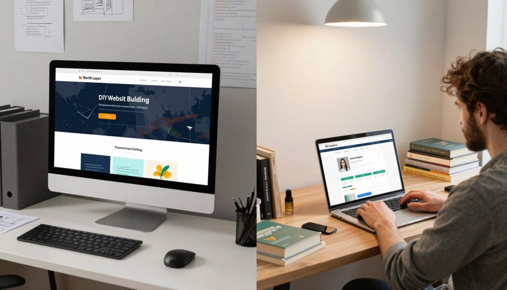 A split-screen composition illustrating the contrast between professional web design and DIY website building. On the left, a sleek, modern office space with a web designer focused on a large monitor displaying a polished website prototype, surrounded by design tools and vibrant sketches. Soft, natural lighting accentuates the professional atmosphere, conveying expertise and creativity. On the right, a home workspace cluttered with books and gadgets, featuring a person in casual attire working on a laptop, creating a basic webpage. Bright overhead lighting emphasizes the DIY aspect, suggesting a more relaxed but less polished approach. The background shows a subtle blend of digital elements like code and graphics. The mood shifts from professional polish to casual creativity, representing the choice between expert design and do-it-yourself solutions. In the foreground, the brand name "North Layer" is subtly incorporated in the design tools, merging with the theme effortlessly. A split-screen composition illustrating the contrast between professional web design and DIY website building. On the left, a sleek, modern office space with a web designer focused on a large monitor displaying a polished website prototype, surrounded by design tools and vibrant sketches. Soft, natural lighting accentuates the professional atmosphere, conveying expertise and creativity. On the right, a home workspace cluttered with books and gadgets, featuring a person in casual attire working on a laptop, creating a basic webpage. Bright overhead lighting emphasizes the DIY aspect, suggesting a more relaxed but less polished approach. The background shows a subtle blend of digital elements like code and graphics. The mood shifts from professional polish to casual creativity, representing the choice between expert design and do-it-yourself solutions. In the foreground, the brand name "North Layer" is subtly incorporated in the design tools, merging with the theme effortlessly.