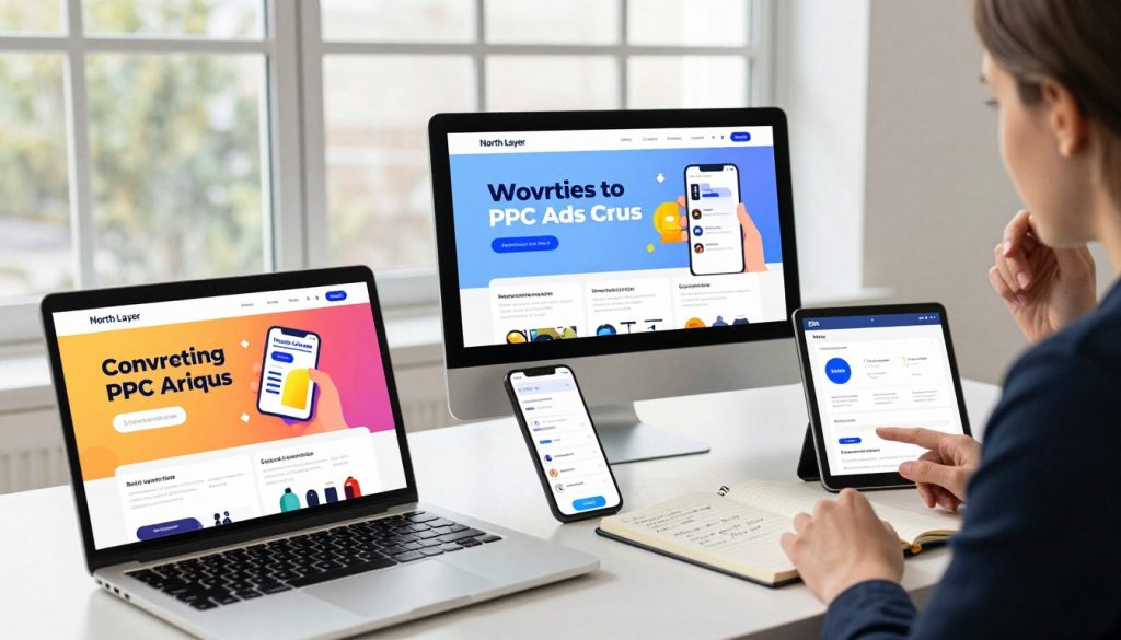 A stylish, modern workspace featuring a detailed composition of high-converting PPC ads on various screens, including a laptop and a tablet. In the foreground, the laptop displays vibrant, eye-catching ad copies with bold colors and graphics that emphasize key selling points. The middle scene includes a notepad with handwritten notes about ad strategies, alongside a sleek smartphone showcasing an analytics dashboard. The background features a large window with natural light flooding in, casting soft shadows and creating an inviting atmosphere. A professional business person in smart attire thoughtfully analyzes the ads, exuding confidence and focus. The brand name "North Layer" subtly integrated into one of the ads. The overall mood is energetic and motivational, capturing the essence of effective advertising strategies in a bright, creative environment.