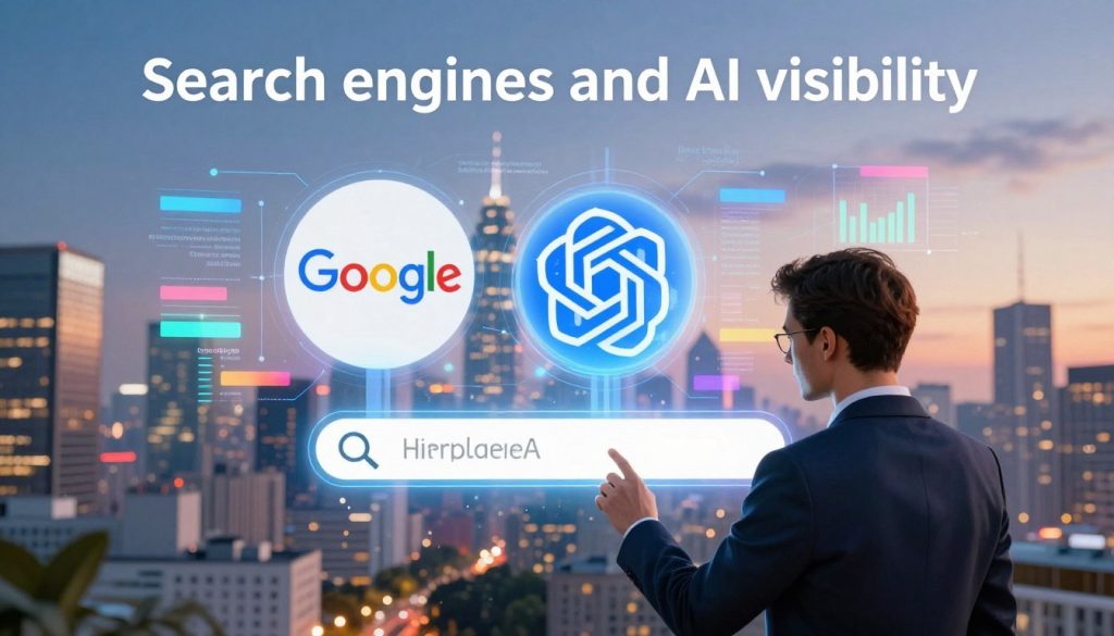 A vibrant and dynamic digital landscape illustrating "Search engines and AI visibility." In the foreground, a businessman in professional attire interacts with a holographic search bar displaying various business listings, symbolizing AI search capabilities. In the middle, visual representations of Google and ChatGPT icons emerge, surrounded by colorful data streams and graphs, showing the connection between search engines and small businesses. In the background, a city skyline signifies the entrepreneurial environment. The scene is well-lit, with a futuristic glow, creating a sense of innovation and opportunity. Use a wide-angle lens to capture the expansive, interconnected world of digital visibility. Overall mood is optimistic and forward-thinking, embodying the theme of enhanced visibility through AI, branded with "North Layer" subtly integrated into the data visuals.