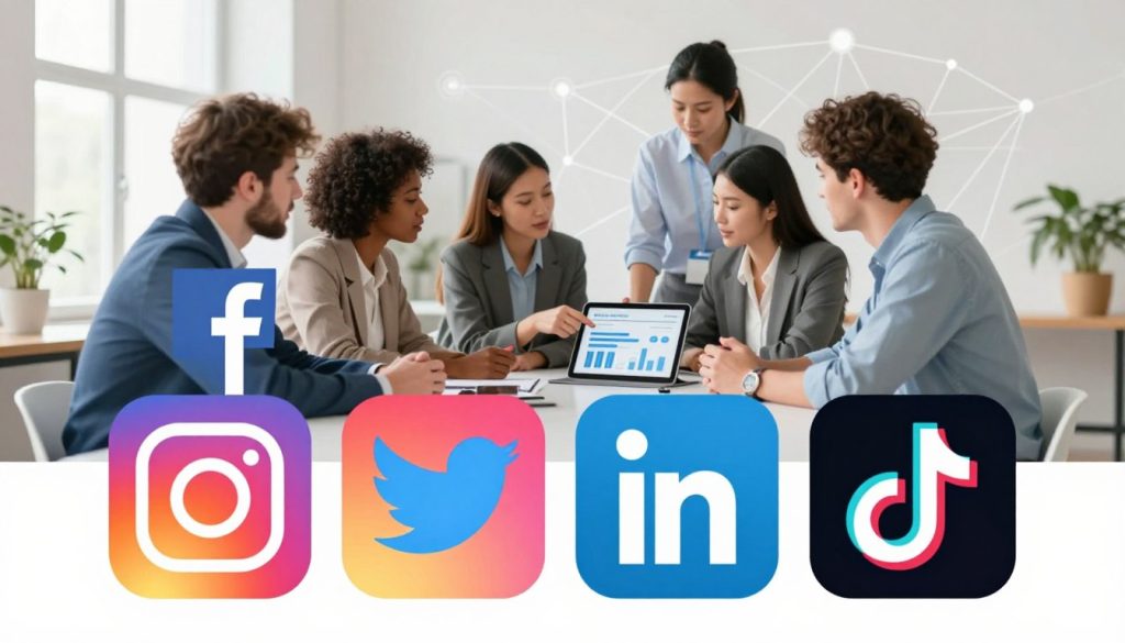A vibrant and dynamic illustration showcasing various social media platforms, including icons for Facebook, Instagram, Twitter, LinkedIn, and TikTok prominently displayed in the foreground, each icon stylized and colorful. In the middle ground, a diverse group of small business owners in professional business attire are engaged in discussion around a digital tablet displaying analytics, conveying collaboration and strategy. The background features abstract representations of networks or digital connections, hinting at online engagement. Soft, natural lighting creates an inviting atmosphere, with a slight blur to emphasize the foreground, simulating a modern office environment. The overall mood is optimistic and collaborative, highlighting the importance of selecting the right platforms for social media marketing. Include the brand name "North Layer" subtly integrated into the design, ensuring a professional and polished look.