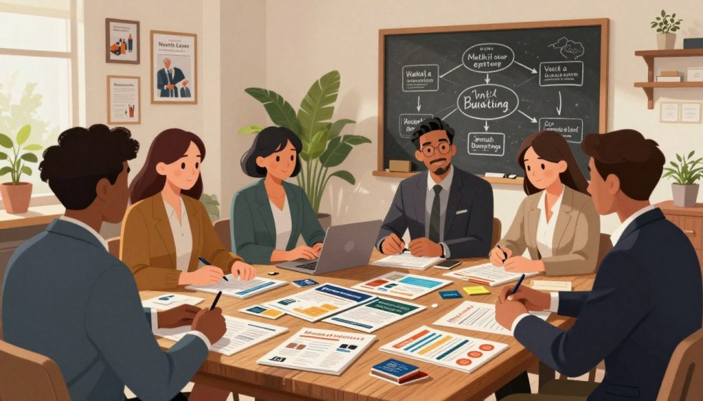 A vibrant and engaging illustration showcasing traditional marketing strategies for small businesses. In the foreground, a diverse group of professionals in smart business attire gather around a large, vintage wooden table covered with marketing materials like brochures, flyers, and business cards. The middle ground features a chalkboard with a hand-drawn marketing strategy, while a few potted plants add a touch of greenery. The background reveals a cozy, well-lit office space with framed small business success stories on the walls. Warm, soft lighting enhances the friendly atmosphere, and a slight lens blur suggests depth, inviting viewers into this productive environment. The brand name "North Layer" is subtly integrated into the scene, evoking a sense of professionalism and tradition.