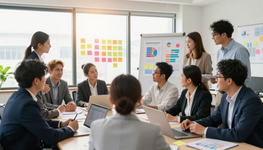 A vibrant and engaging office space in the foreground, showcasing a diverse group of professionals gathered around a large table, deeply engaged in a brainstorming session. The individuals, dressed in professional business attire, include a mix of genders and ethnicities, emphasizing collaboration. In the middle ground, colorful post-it notes and charts are displayed, representing marketing strategies and target audience demographics. The background features a large window with natural light streaming in, illuminating the room and creating a warm atmosphere. Soft, diffused lighting adds a professional yet inviting mood. The scene conveys clarity and focus, embodying the theme of defining marketing goals and audience, with subtle branding elements suggesting "North Layer" around the workspace to tie back to the essence of the discussion.
