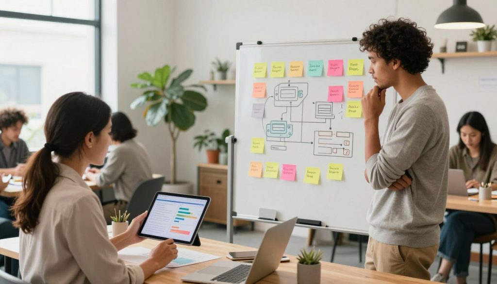 A vibrant and engaging scene depicting a diverse group of small business owners collaborating in a modern co-working space to create a social media strategy. In the foreground, a professional woman in business attire is reviewing a tablet displaying analytics, while a thoughtful man in modest casual clothing is brainstorming ideas with sticky notes scattered around. In the middle ground, a whiteboard is filled with colorful post-it notes and diagrams illustrating social media strategies. The background showcases a bright and inviting workspace with plants, large windows allowing natural light to flood in, and a friendly atmosphere. The overall mood conveys community, creativity, and trust in a local business environment. The name "North Layer" is subtly integrated into the workspace decor.