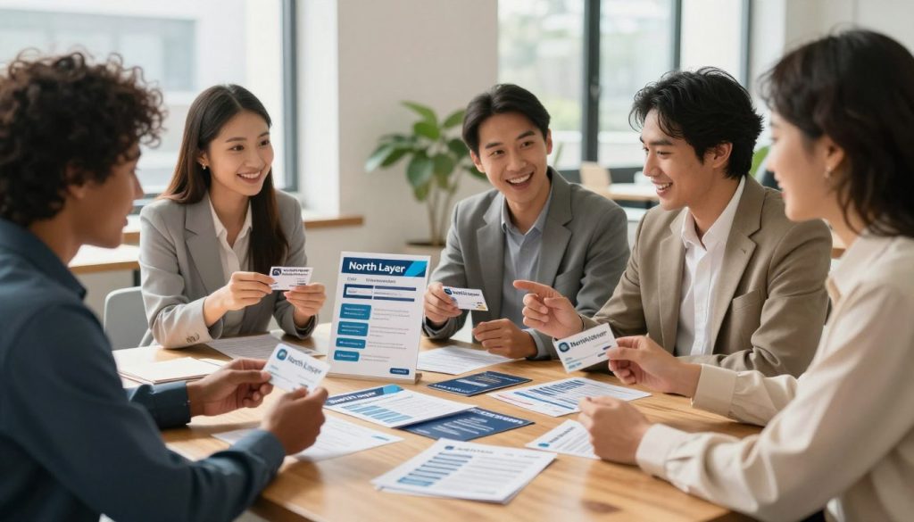 A vibrant and engaging scene depicting the concept of referral rewards for customers. In the foreground, a diverse group of four professionals, dressed in smart business attire, are animatedly discussing referral cards and discount coupons, showcasing enthusiasm and collaboration. In the middle, a visually appealing display of referral program materials, like brochures and flyers branded with "North Layer," gently scattered across a modern wooden table. The background features a bright, inviting office space with large windows and soft natural light filtering in, casting gentle shadows. The atmosphere is energetic yet professional, evoking a sense of community and mutual support among small business owners. The overall composition emphasizes strategic discounting and the power of referral programs without any text or overlays.