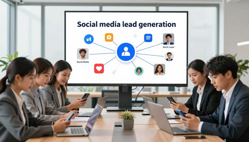 A vibrant and engaging scene illustrating the concept of "social media lead generation" for small businesses. In the foreground, depict a diverse group of professionals in business attire, actively engaging with their smartphones and laptops, showcasing a sense of collaboration and innovation. In the middle ground, a large digital screen displays social media icons and a flow of leads, represented by dynamic lines connecting various images of customer profiles. The background features a modern office environment with large windows, letting in bright, natural light, enhancing the atmosphere of productivity and opportunity. Capture the mood of optimism and growth, emphasizing the importance of social media in business. Include subtle branding elements of "North Layer" integrated in the workspace decor, without overshadowing the main theme. Use a wide-angle lens perspective to create depth, highlighting the interaction and digital aspects of lead generation.