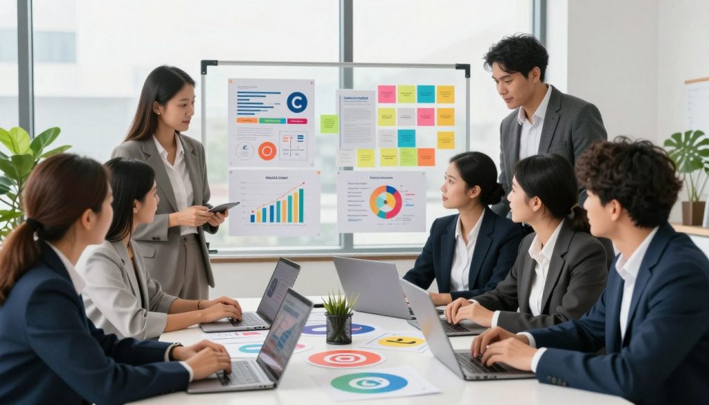 A vibrant and engaging workspace scene showcasing the concept of social media growth. In the foreground, a diverse group of professionals, dressed in smart business attire, is gathered around a modern table cluttered with laptops, social media icons, and colorful charts illustrating growth metrics. In the middle, a clear glass board displays creative content ideas and strategies for small businesses, with bright sticky notes and infographics. The background features a large window letting in natural light, creating an inviting atmosphere. Soft shadows emphasize the dynamic energy of the team collaboration. The setting reflects a tech-savvy environment with greenery, suggesting innovation and growth. The overall mood is optimistic and proactive, reinforcing the theme of organic growth for small businesses, with the brand name "North Layer" subtly incorporated into one of the charts.