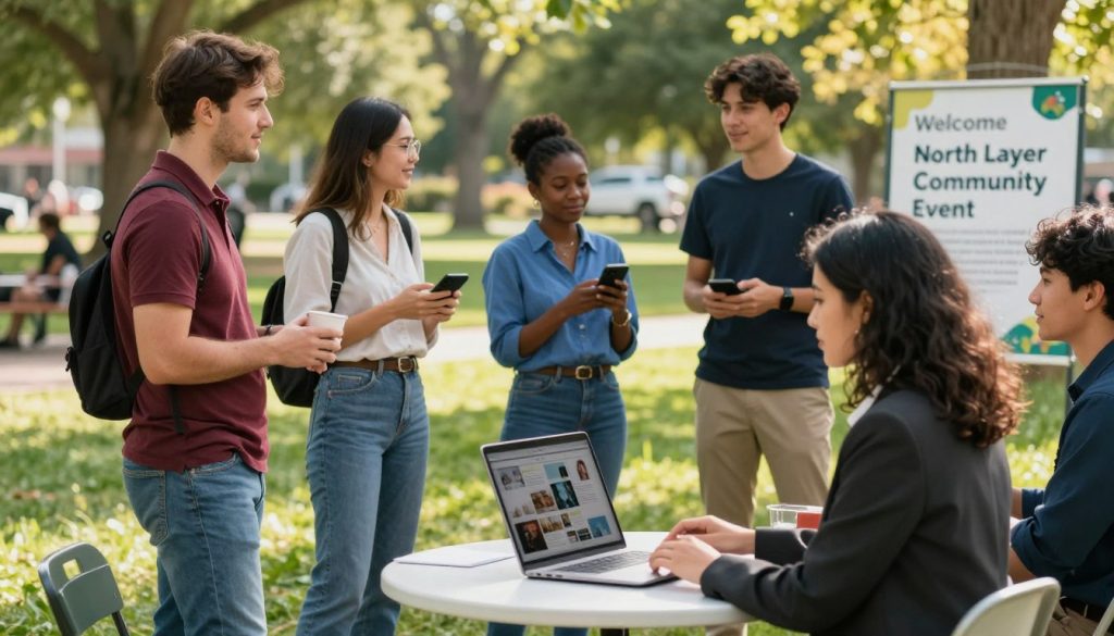 A vibrant community gathering taking place in a sunny park setting, showcasing a diverse group of individuals engaging in various activities. In the foreground, a small table with a laptop displays social media graphics, with a young woman in professional business attire demonstrating how to use social media effectively. In the middle ground, a mixed-age group chats enthusiastically, some holding smartphones, all engaged in discussions about local business support. The background features green trees and a welcome sign for the "North Layer Community Event." Soft, warm lighting enhances the friendly atmosphere, while a shallow depth of field focuses on the engaging expressions of the individuals, creating a lively and inviting mood that illustrates the theme of active community engagement.