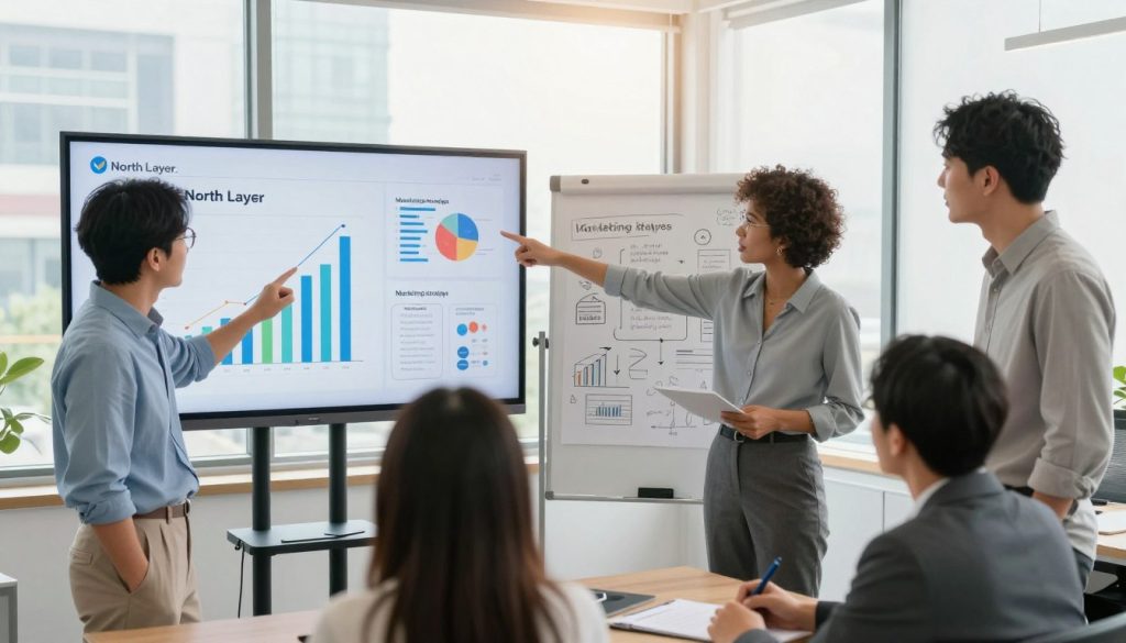 A vibrant, dynamic scene depicting a professional marketing strategy session in a modern office setting. In the foreground, a diverse group of four business professionals of varying ethnicities in business attire, engaged in a lively discussion, pointing at a large digital screen displaying colorful graphs and marketing concepts by the brand "North Layer." The middle ground features a whiteboard filled with brainstorming notes and diagrams, illustrating marketing strategies. In the background, large windows allow natural light to flood the room, casting a warm, inspiring glow over the scene. The atmosphere is focused yet collaborative, conveying a sense of creativity and determination to build a strong marketing foundation for business growth. The image is captured from a slightly elevated angle to showcase the entire setting effectively.