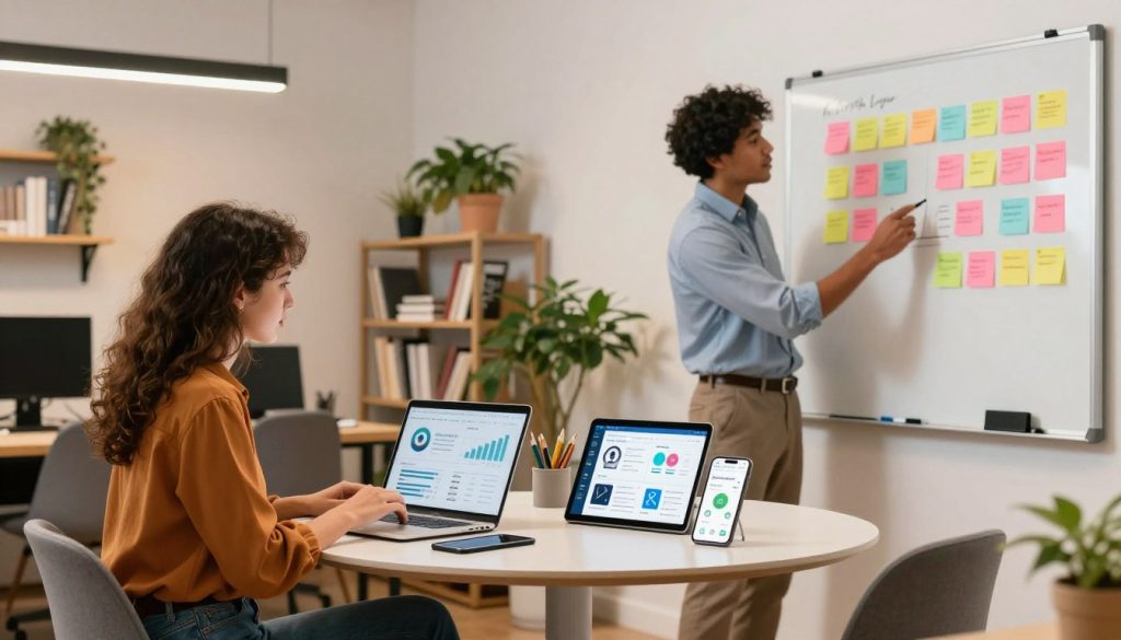 A vibrant office scene illustrating social media marketing for small business growth, featuring diverse professionals engaged in digital marketing strategies. In the foreground, a focused woman in smart casual attire analyzes social media analytics on her laptop, while a man in professional attire discusses marketing ideas on a whiteboard filled with colorful post-it notes. In the middle ground, a small round table displays tablets and phones showing various social media platforms. The background features shelves with marketing books and plants, creating a fresh atmosphere. Soft, warm lighting comes from overhead LED fixtures, emphasizing a collaborative and motivating mood. The overall color palette is lively and inviting, promoting creativity and innovation. Minor branding elements include a logo for "North Layer" subtly positioned in the scene.