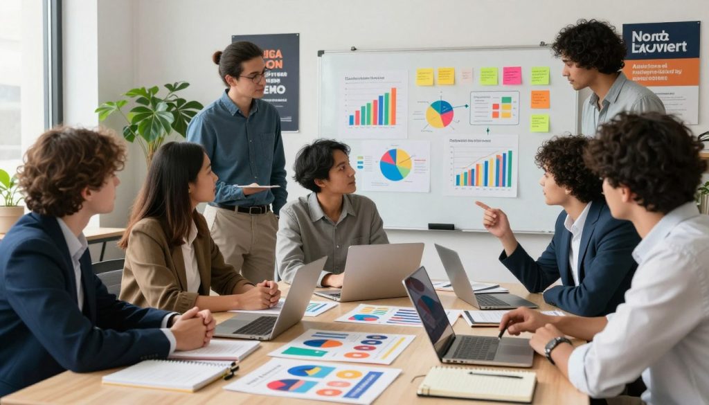 A vibrant, professional workspace featuring an organized desk with a laptop, notebooks, and marketing materials like flyers and brochures. In the foreground, a small group of diverse professionals, dressed in business attire, are engaged in a brainstorming session, discussing ideas and strategies. The middle ground features a large whiteboard filled with colorful graphs, diagrams, and sticky notes illustrating a marketing strategy. The background shows a well-lit office with potted plants and motivational posters. The atmosphere is dynamic and collaborative, emphasizing creativity and growth. The lighting is bright and inviting, with a slight focus depth that highlights the teamwork. Include the brand name "North Layer" subtly on one of the marketing materials visible on the desk.