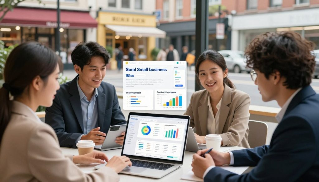 A vibrant scene depicting the essence of growing local small businesses digitally. In the foreground, a diverse group of professionals in smart business attire are collaborating around a laptop displaying analytics and social media platforms. The middle ground shows bright, appealing infographics illustrating ads, SEO strategies, and social media engagement. In the background, a bustling city street with small shops is visible, symbolizing local businesses. Soft, natural lighting creates an inviting atmosphere, while a slightly blurred depth of field keeps the focus on the professionals. The brand name "North Layer" can be subtly incorporated into the design of the laptop screen. The overall mood is energetic, innovative, and hopeful, reflecting the potential of digital growth for small businesses.