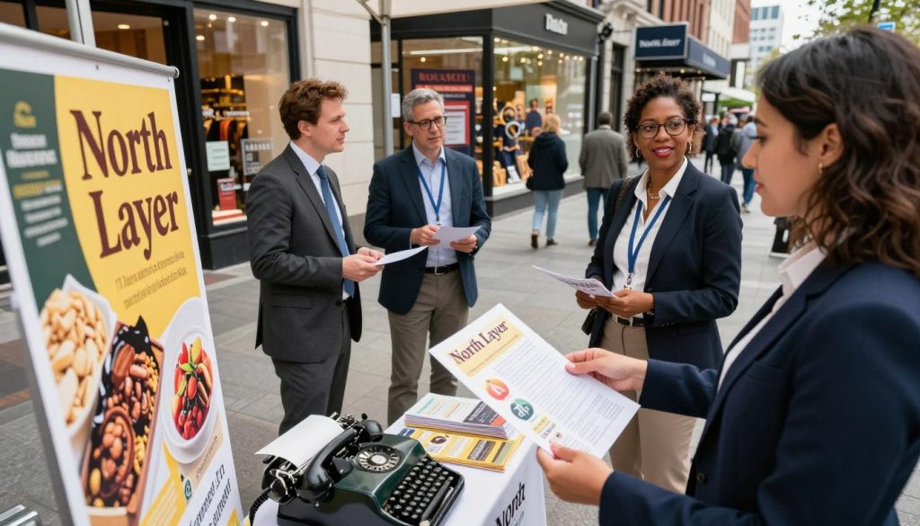 A vibrant scene depicting traditional marketing methods in action, featuring a diverse group of professionals in business attire. In the foreground, a confident woman hands out flyers with the brand name "North Layer" prominently displayed. In the middle ground, a group discusses strategies near a visually engaging booth showcasing large posters and brochures. A vintage telephone and a typewriter symbolize classic marketing tools. The background captures a bustling city street with storefronts, where people engage with window displays featuring traditional ads. The lighting should be bright and cheerful, evoking an atmosphere of creativity and collaboration. Use a wide-angle lens to create a sense of depth and ensure a dynamic composition.
