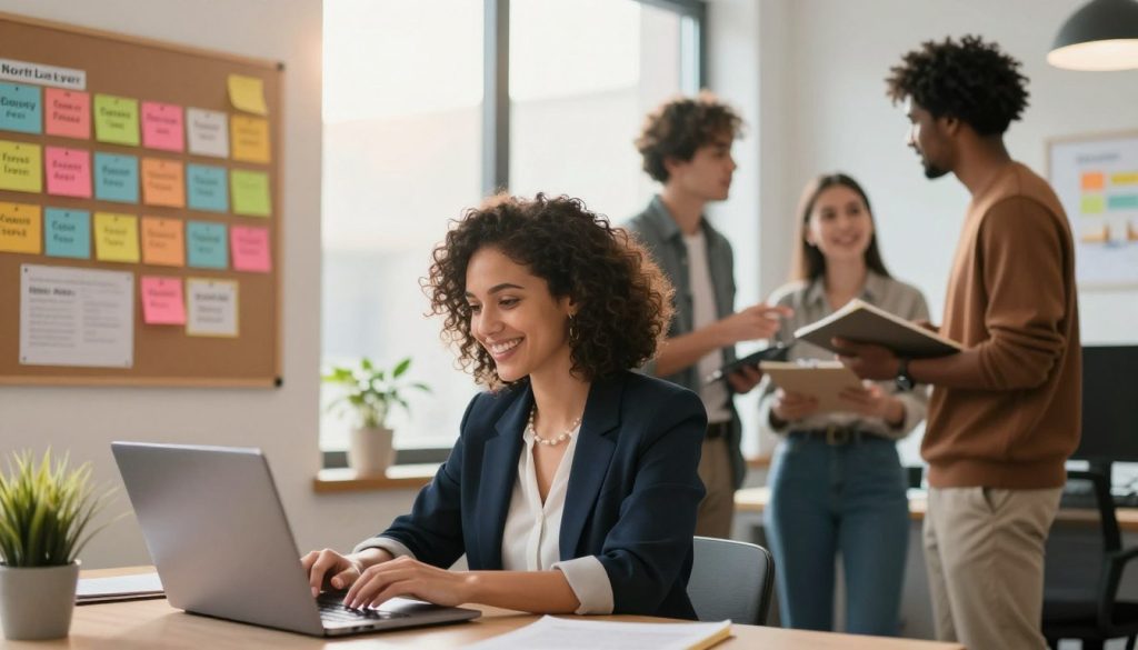 A vibrant scene showcasing a diverse group of small business owners working together in a modern office, designed to represent local service ads. In the foreground, a friendly woman in professional attire types on a laptop, with a colorful post-it board filled with campaign ideas in the background. To her right, a person with a notepad discusses strategies with another colleague, highlighting teamwork. The middle ground features a large window casting warm, natural light across the room, enhancing the atmosphere of collaboration and focus. The overall mood is encouraging and energetic, reflecting the excitement of launching a first marketing campaign. The branding "North Layer" should be subtly integrated into the decor of the space, perhaps on a poster or an office item. The image is captured with a soft-focus lens to add warmth and approachability.
