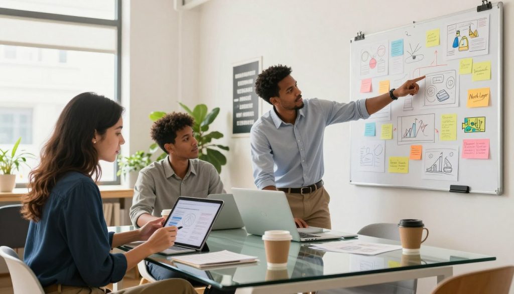 A vibrant workspace featuring a diverse group of three professionals collaborating on social media ad content strategy for small businesses. In the foreground, a woman in smart casual attire attentively reviews a tablet, while a man in a collared shirt points to a large brainstorming board filled with colorful sketches and post-it notes. The middle layer includes laptops and coffee mugs scattered across a modern glass table. The background shows a bright, airy office filled with natural light, accentuated by indoor plants and motivational posters. The overall mood is focused and creative, with warm lighting that enhances a sense of collaboration and innovation. Include the brand name "North Layer" subtly on a digital device in the scene.