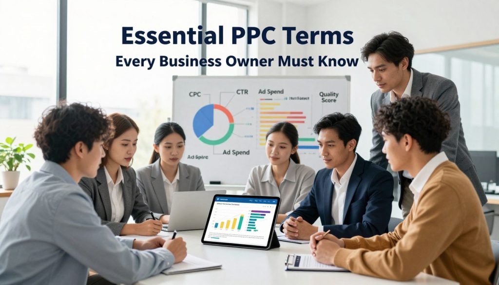 A visually engaging illustration depicting "Essential PPC Terms Every Business Owner Must Know" for small business owners, featuring a workspace with a modern desk. In the foreground, a diverse group of business people, dressed in professional business attire, are collaborating over a digital tablet displaying PPC graphs and keywords. In the middle, a whiteboard filled with colorful charts and PPC-related terms like "CPC," "CTR," "Ad Spend," and "Quality Score" captures their attention. The background showcases a bright, airy office with large windows, letting in natural light, creating a productive and optimistic atmosphere. The composition is well-balanced, shot from a slightly elevated angle that highlights the teamwork and enthusiasm of the group. The brand name "North Layer" is subtly incorporated into the scene, enhancing the professional ambiance.