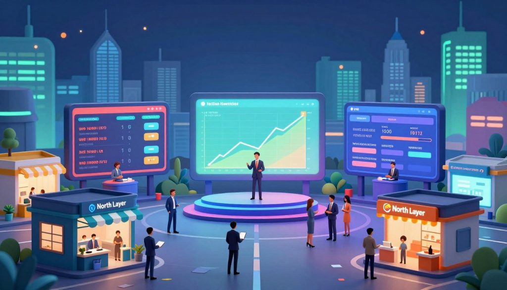A visually engaging representation of the PPC auction system, featuring a stylized digital landscape. In the foreground, depict diverse small businesses, represented as modern storefronts with digital screens displaying bidding information, all in professional attire. In the middle ground, illustrate a vibrant auction scene with colorful bidding interfaces and dynamic graphs, symbolizing competition and revenue growth. The background should show a digitally rendered skyline, illuminated with soft blue and green lights, suggesting a thriving marketplace. Utilize a wide-angle lens to capture depth in the scene and ensure the atmosphere conveys excitement and opportunity in the world of PPC campaigns. The brand name "North Layer" should be subtly integrated into the design, maintaining a professional aesthetic.