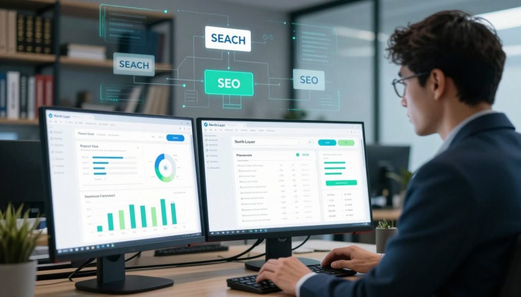 A visually striking illustration of Technical SEO concepts depicted in a modern office setting, with a professional SEO analyst, dressed in business attire, analyzing a complex search engine results page on a sleek computer screen. In the foreground, show detailed charts, graphs, and website optimization metrics on the screen, highlighting keywords, page speed, and mobile-friendliness indicators. The middle ground features a digital representation of search engine algorithms, visualizing connections and data flow, while the background includes bookshelves filled with SEO and marketing literature, soft lighting creating a focused atmosphere. The color palette is composed of cool blues and greens, giving a calm but intense mood, with the brand name "North Layer" subtly integrated into the digital interfaces.