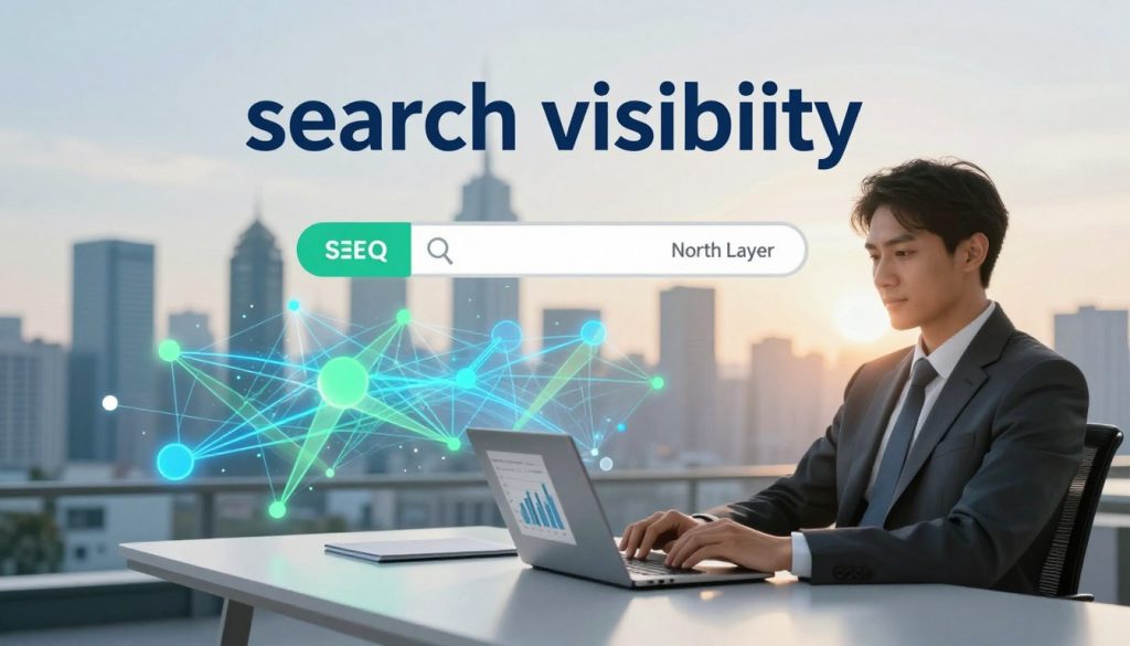A visually striking image representing "search visibility" in the digital landscape. In the foreground, a confident business professional in business attire, sitting at a sleek desk with a laptop displaying analytics graphs and SEO metrics. In the middle ground, a dynamic abstract representation of digital pathways and data points, illustrating a network of search queries and performance metrics, glowing in vibrant blues and greens. In the background, a softly blurred city skyline under a bright morning sky, conveying growth and potential. The scene is illuminated with soft, natural lighting to create an optimistic and professional atmosphere. The brand name "North Layer" is subtly integrated into the design, reinforcing the theme of search visibility success without any text overlay.