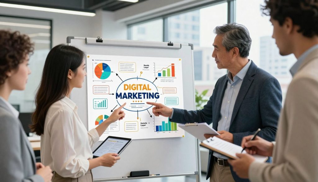 A visually striking scene depicting a diverse group of professionals collaborating on a compelling content marketing plan. In the foreground, a young woman in professional attire points at a colorful digital marketing strategy chart on a tablet, while a middle-aged man, also in business attire, examines notes on a notepad. In the middle, a whiteboard displays charts, graphs, and brainstorming ideas related to digital marketing. The background features a modern office environment with large windows allowing natural light to flood the space and a city skyline in view. The atmosphere is vibrant and focused, embodying teamwork and creativity. The brand name "North Layer" is subtly integrated into the design of the digital marketing chart.