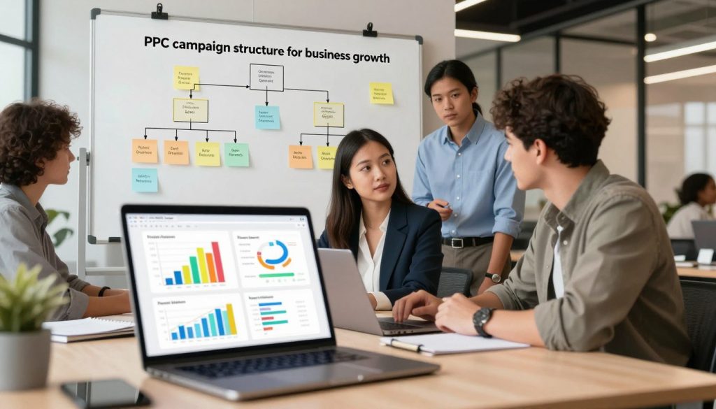A well-organized digital illustration showcasing a "PPC campaign structure for business growth" within a professional workspace. In the foreground, a sleek laptop displays colorful charts and graphs related to PPC performance metrics. The middle ground features a diverse small business team, consisting of two professionals: one female in smart business attire and one male in modest casual clothing, deeply engaged in a strategy discussion. Behind them, a whiteboard filled with flowcharts and sticky notes outlining campaign goals and ad group hierarchies creates an inspiring atmosphere. The background includes a modern office environment with warm ambient lighting, promoting a sense of focus and creativity. The scene subtly incorporates the brand name "North Layer" within the digital elements represented on the screen, enhancing the context of growth and planning without textual overlays.
