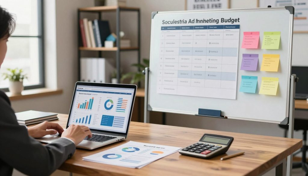 A well-organized office workspace showcasing a social media marketing budget planning strategy. In the foreground, a professional individual in business attire intently reviews detailed charts and graphs on a laptop, with financial documents spread out on a polished wooden desk. In the middle ground, a large whiteboard displays colorful post-it notes listing budget strategies and social media platforms. A sleek calculator sits nearby, emphasizing financial analysis. The background is softly blurred, featuring shelves filled with marketing books and a motivational poster about successful advertising. Warm, natural lighting filters through a window, creating a focused and inspiring atmosphere. The brand name "North Layer" is subtly incorporated into the workspace decor.
