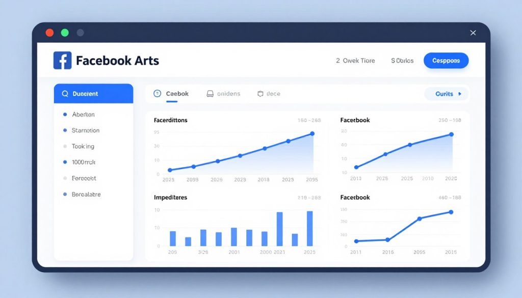 An organized digital marketing dashboard showing Facebook Ads metrics for a local small business, clean interface, soft blue lighting, professional photography style.