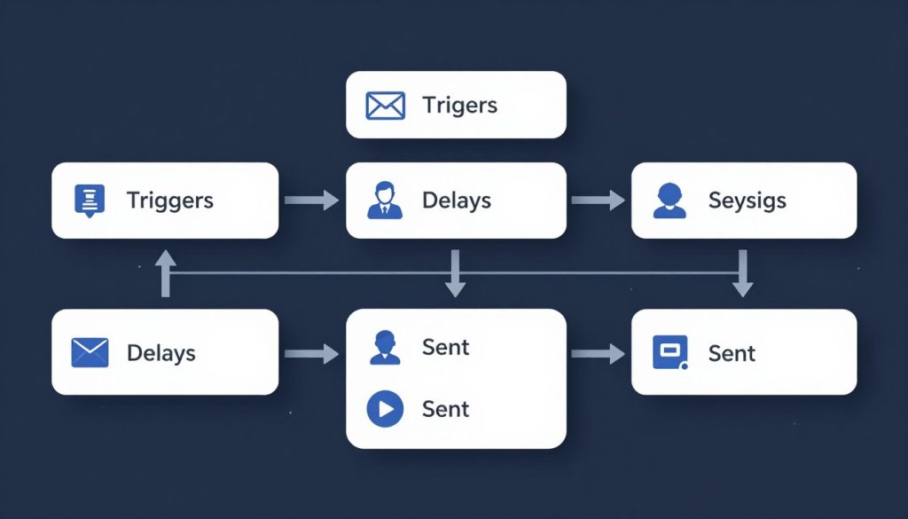 Illustration of an automated email sequence workflow with icons representing triggers, delays, and sent messages.