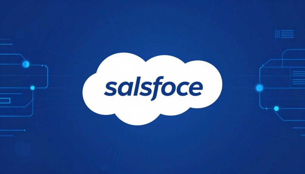 Minimalist logo of Salesforce Marketing Cloud on a blue tech background with abstract data nodes.