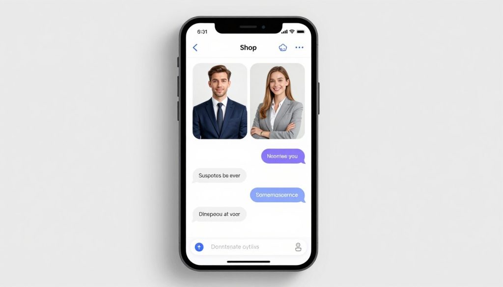 Modern smartphone interface showing a professional business texting software application with a personalized conversation between a shop owner and a client, clean UI design.