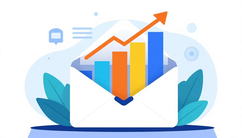 Vibrant flat design illustration of an email envelope with colorful bar graphs rising out of it, representing high return on investment.