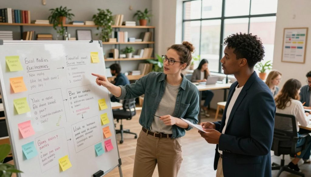 A aesthetically pleasing workspace featuring a diverse group of small business owners collaborating on social media content. In the foreground, a whiteboard covered with colorful sticky notes illustrating different content types: promotional posts, customer stories, educational tips, and engagement questions. In the middle, two individuals—one in smart casual attire and the other in professional business wear—are discussing ideas while pointing to the whiteboard. The background showcases a cozy office environment with plants, a large window letting in warm natural light, and shelves filled with books and business materials. The overall mood is energetic and creative, emphasizing teamwork and inspiration in planning social media content. Use a wide-angle lens to capture the fullness of the scene with soft, inviting lighting.