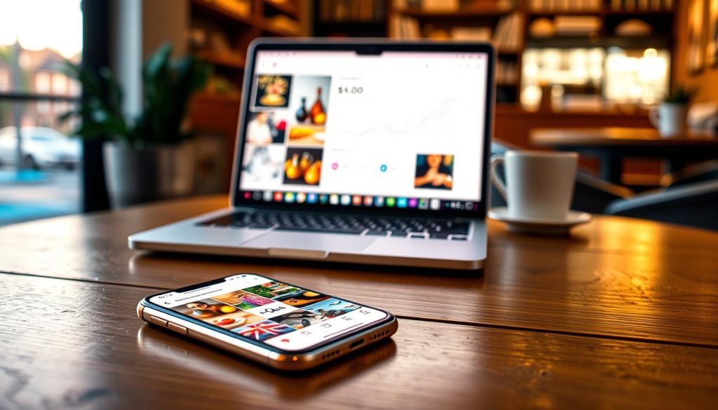 A beautifully curated Instagram profile for a small business, featuring vibrant images of products displayed artistically. In the foreground, a smartphone lying on a wooden table, showing an Instagram feed filled with colorful posts and engaging hashtags prominent. In the middle layer, a laptop displaying analytics graphs on a bright screen, emphasizing engagement metrics with an inviting light. The background presents a cozy café setting, subtly blurred, with soft, natural lighting streaming through window, enhancing a warm atmosphere. The mood should feel inspiring and professional, showcasing the essence of small business branding and the power of hashtags for discovery.