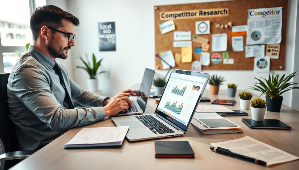 A business professional, dressed in smart casual attire, is sitting at a sleek, modern desk covered with laptops, colorful charts, and a notepad filled with notes and ideas. In the foreground, a laptop screen displays graphs and competitor analysis tools, illuminated by soft, focused lighting, highlighting the strategic thinking involved. The middle ground features a corkboard pinned with competitor logos and local SEO strategies, creating a sense of brainstorming in action. In the background, a bright office space with motivational posters and plants adds to the atmosphere of productivity and research. The overall mood is one of concentration and strategy, emphasizing the importance of competitor research in local SEO. The angle is slightly tilted to convey a dynamic view of the study session. A business professional, dressed in smart casual attire, is sitting at a sleek, modern desk covered with laptops, colorful charts, and a notepad filled with notes and ideas. In the foreground, a laptop screen displays graphs and competitor analysis tools, illuminated by soft, focused lighting, highlighting the strategic thinking involved. The middle ground features a corkboard pinned with competitor logos and local SEO strategies, creating a sense of brainstorming in action. In the background, a bright office space with motivational posters and plants adds to the atmosphere of productivity and research. The overall mood is one of concentration and strategy, emphasizing the importance of competitor research in local SEO. The angle is slightly tilted to convey a dynamic view of the study session.