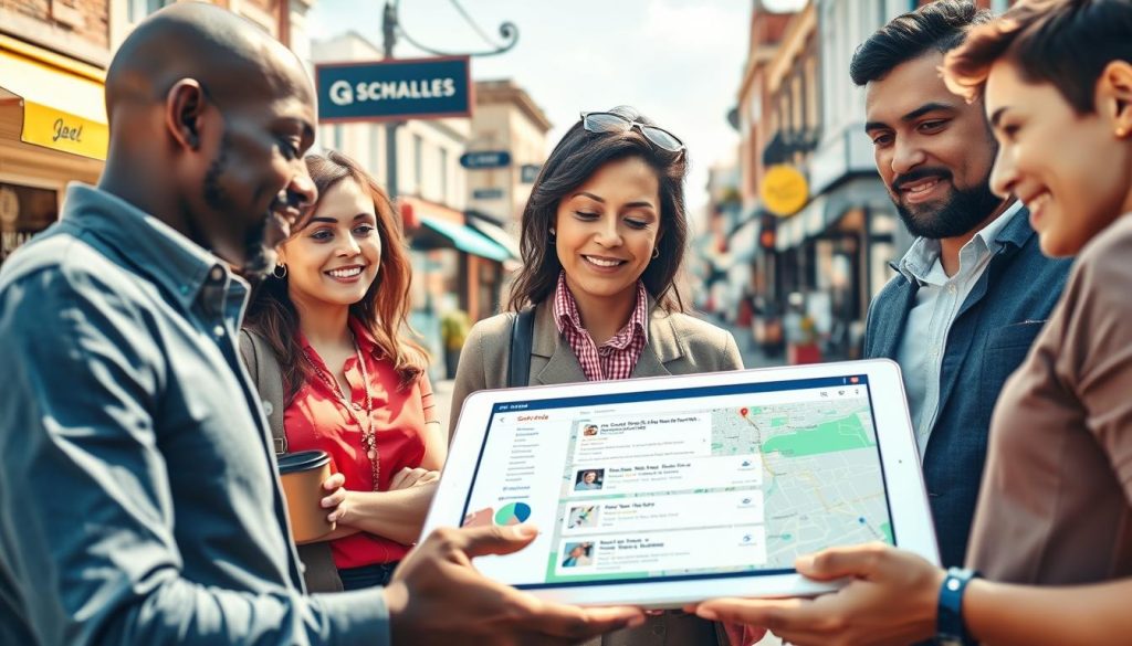 A bustling local business scene illustrating the concept of local search. In the foreground, a diverse group of small business owners, dressed in professional attire, are engaging in a discussion around a large tablet displaying maps and local search results. In the middle ground, a vibrant street lined with small shops and cafes showcases clear signage, symbolizing local businesses competing for visibility. The background features a sunny sky, hinting at a positive atmosphere. The lighting is bright and natural, giving a warm, inviting feel, while a soft focus on the background conveys depth. The angle is slightly elevated to capture both the essence of the business owners and the lively neighborhood, emphasizing the connection between community and local search optimization.