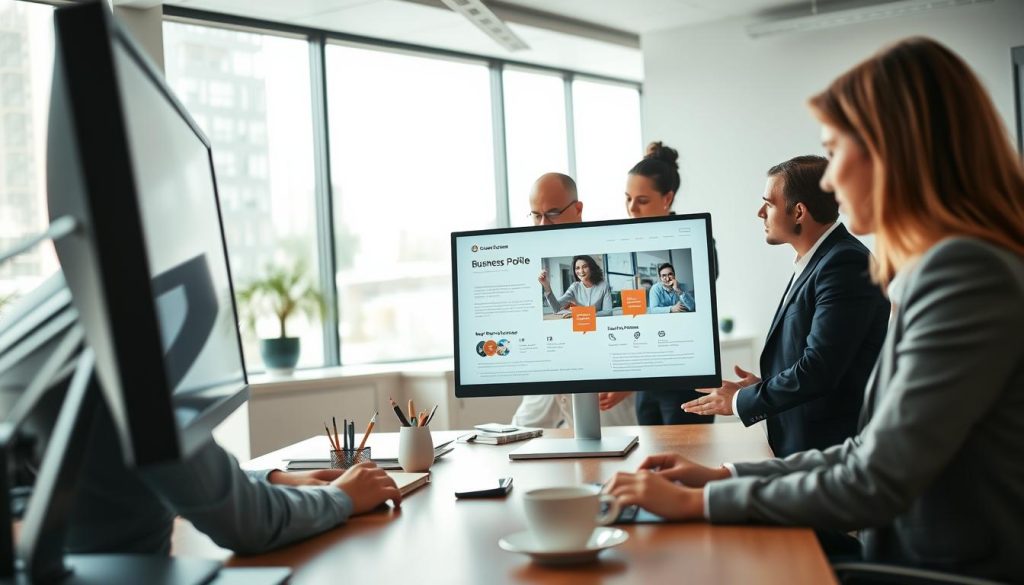 A clean and modern office workspace with a focus on a well-designed business profile displayed on a sleek computer monitor at the foreground. Include a diverse group of three professionals in business attire discussing and analyzing the profile together, capturing a moment of collaboration. In the middle ground, add a stylish desk with organizational tools, a laptop, and a coffee cup, suggesting productivity and professionalism. The background should showcase a bright and airy office environment with large windows allowing natural sunlight to illuminate the space, enhancing the inviting atmosphere. Utilize soft, diffuse lighting to create a warm, engaging mood. The angle should be slightly above eye level, offering a dynamic perspective on the professionals working together around the business profile.