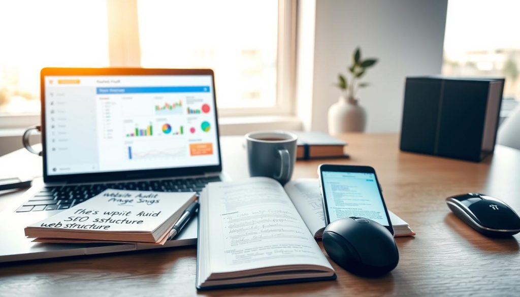 A clean and organized workspace showcasing essential tools for auditing a website. In the foreground, a sleek laptop displays a website audit dashboard with colorful graphs and analytics, surrounded by a notepad with handwritten notes and a smartphone displaying SEO tools. In the middle, an open reference book on web structure lies next to a wireless mouse and a cup of coffee. The background features a large window letting in soft, natural light, illuminating the scene and creating a warm atmosphere. Use a shallow depth of field to focus on the tools while the background gently blurs. The mood is professional and focused, ideal for enhancing productivity in digital marketing. A clean and organized workspace showcasing essential tools for auditing a website. In the foreground, a sleek laptop displays a website audit dashboard with colorful graphs and analytics, surrounded by a notepad with handwritten notes and a smartphone displaying SEO tools. In the middle, an open reference book on web structure lies next to a wireless mouse and a cup of coffee. The background features a large window letting in soft, natural light, illuminating the scene and creating a warm atmosphere. Use a shallow depth of field to focus on the tools while the background gently blurs. The mood is professional and focused, ideal for enhancing productivity in digital marketing.