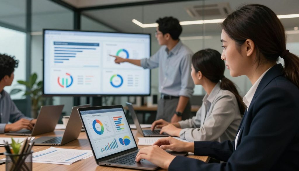 A close-up scene depicting a diverse group of professionals in a modern office environment, collaborating on optimizing website calls-to-action. In the foreground, a focused woman in business attire analyzes colorful charts and graphs on a laptop, with notes scattered around her. The middle layer features a man pointing at a large screen displaying various call-to-action designs and performance metrics. Behind them, a sophisticated office with glass walls and soft lighting creates a warm and inviting atmosphere, with greenery visible outside, suggesting a focus on growth and improvement. The overall mood is dynamic and innovative, highlighting teamwork and strategic thinking.
