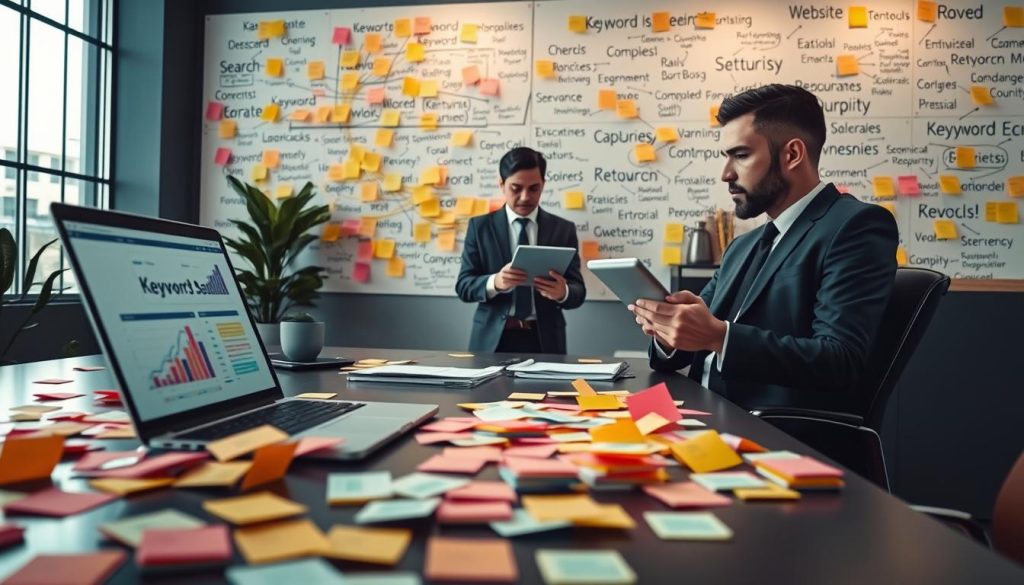 A conceptual workspace illustrating "keyword research" as the foundation for website structure and SEO. In the foreground, a sleek, modern desk is cluttered with colorful post-it notes, each one representing different keywords and ideas. A laptop displays a keyword analysis tool, with charts and graphs visible on the screen. In the middle, a thoughtful individual in business attire is deeply engaged in examining a digital tablet, analyzing search data and website hierarchies. The background features a large wall covered with interconnected keywords and concepts pinned on a board, illuminated by soft, ambient lighting. A large window lets natural light pour in, creating an organized and inspired atmosphere, reflecting creativity and focus, perfect for strategic planning. A conceptual workspace illustrating "keyword research" as the foundation for website structure and SEO. In the foreground, a sleek, modern desk is cluttered with colorful post-it notes, each one representing different keywords and ideas. A laptop displays a keyword analysis tool, with charts and graphs visible on the screen. In the middle, a thoughtful individual in business attire is deeply engaged in examining a digital tablet, analyzing search data and website hierarchies. The background features a large wall covered with interconnected keywords and concepts pinned on a board, illuminated by soft, ambient lighting. A large window lets natural light pour in, creating an organized and inspired atmosphere, reflecting creativity and focus, perfect for strategic planning.