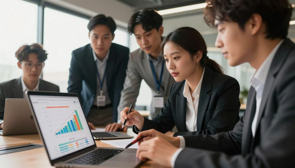 A confident, professional team of diverse individuals in business attire gathered around a laptop, analyzing website analytics and discussing strategies to improve website conversions. In the foreground, a close-up of the laptop screen shows a colorful graph indicating increased visitor engagement. The middle ground features the team, focused and engaged, with expressions of determination and collaboration. In the background, a modern office environment with large windows allowing natural light to flood the space, creating an uplifting atmosphere. The lighting is warm and inviting, highlighting the camaraderie and trust among the team members. The angle is slightly elevated, capturing both the screen and the team's dynamic interaction. The mood is optimistic and proactive, emphasizing the importance of building trust and credibility to enhance website conversions.